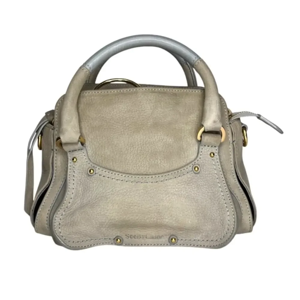 See by Chloé Miya Mini Satchel Crossbody Gray Leather Suede Gold Ring Bag